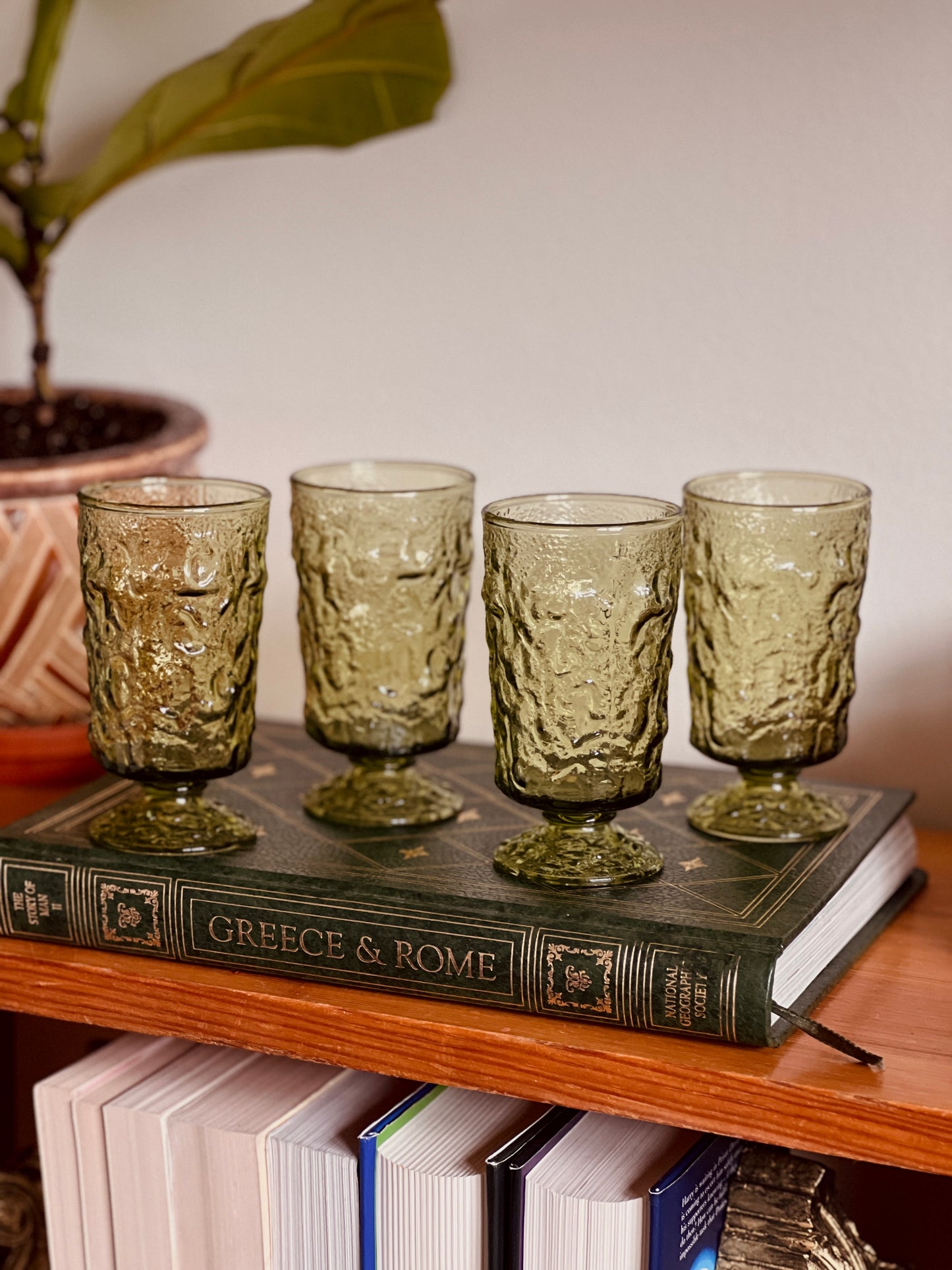 4pc Lis Stemmed Green Crinkle Glass Set